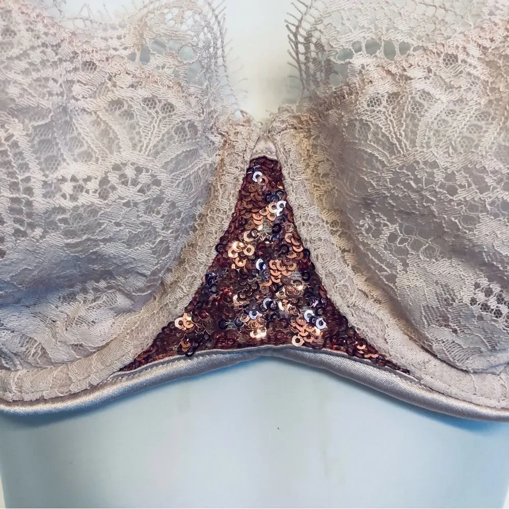 Victoria's Secret Dream Angels Bra Womens 36B Pink Lace Sequin Push Up Underwire